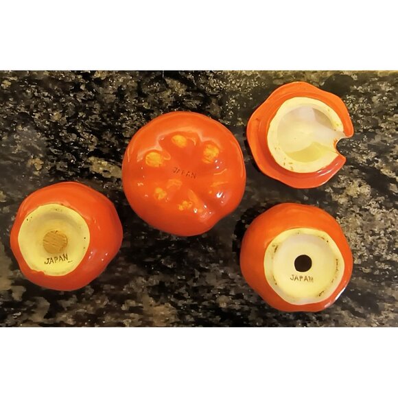 Vintage Tomato Pumpkin Salt Pepper & Sugar Shaker Set With Leaf Tray Occupied Ja - Picture 2 of 4